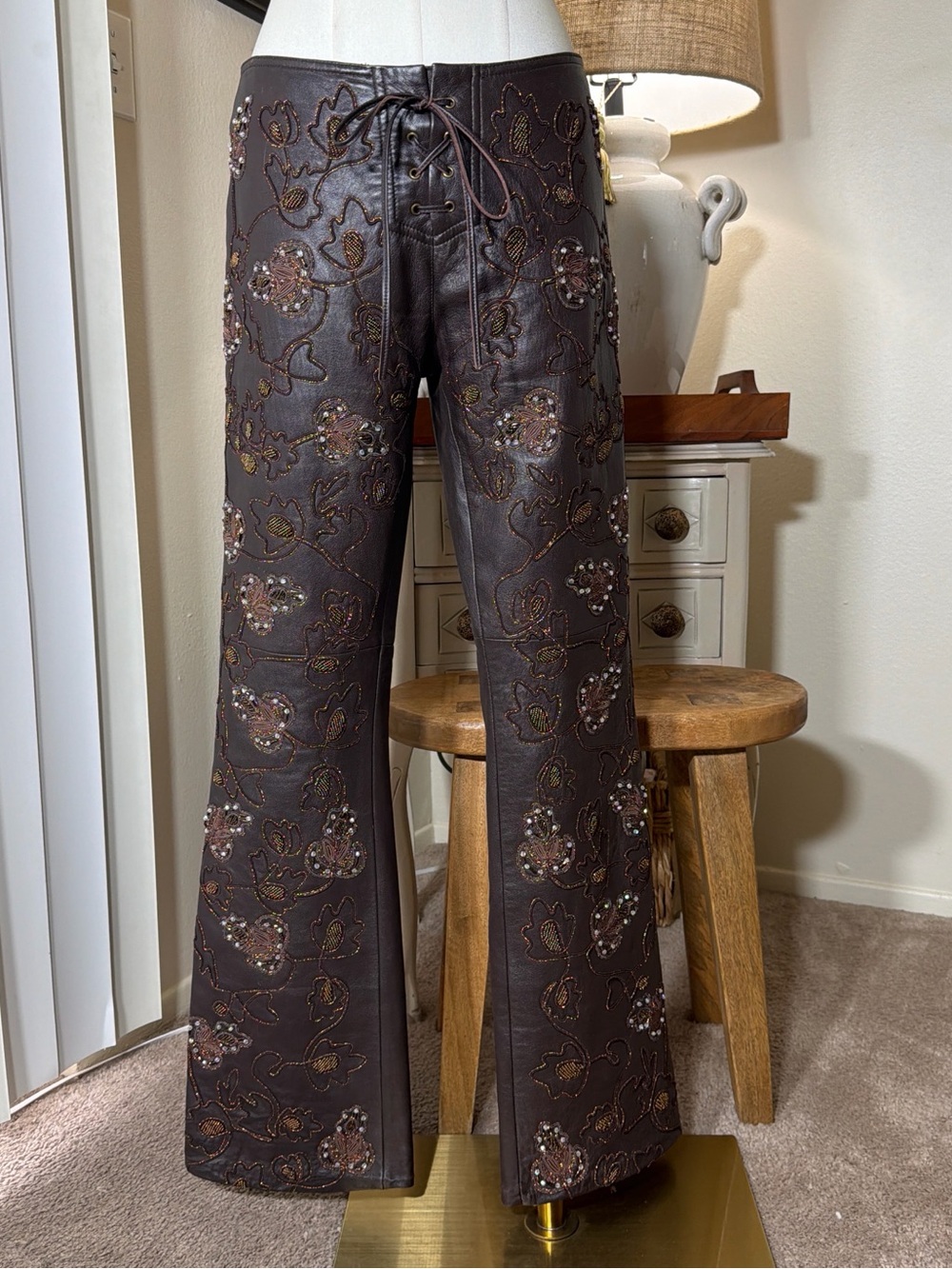 Vintage Bebe Dark Brown Embellished Embroidered Leather Flare Pants